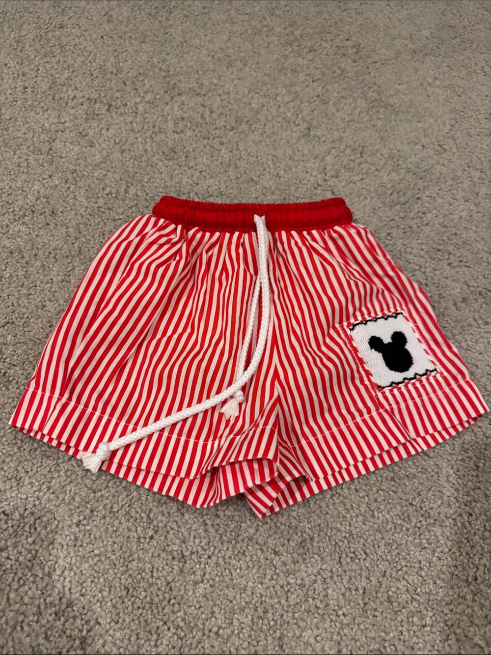 Red Striped Kids Swim Trunks with Mickey Patch